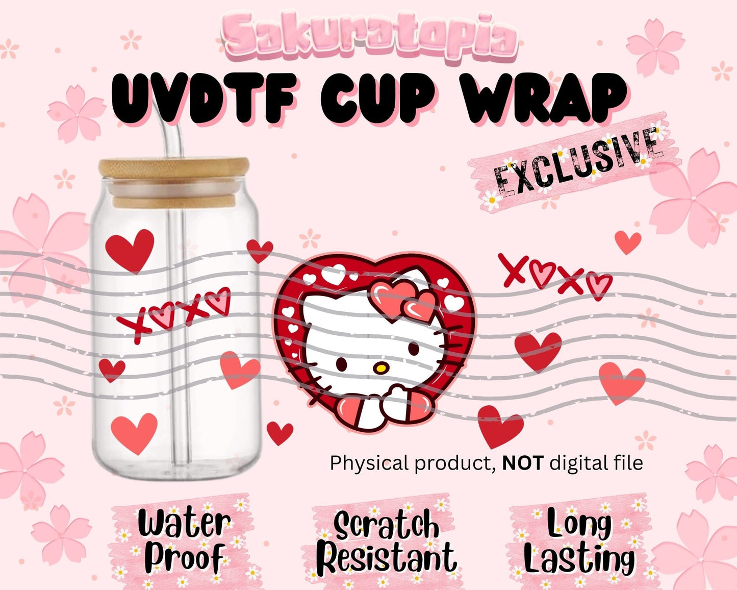 UVDTF Sanrio Valentine's Day Kawaii Cat Cup Wrap, Ready to use UVDTF for Glass Cup , Valentines Day Libbey glass wrap, Beer can glass 16oz wrap