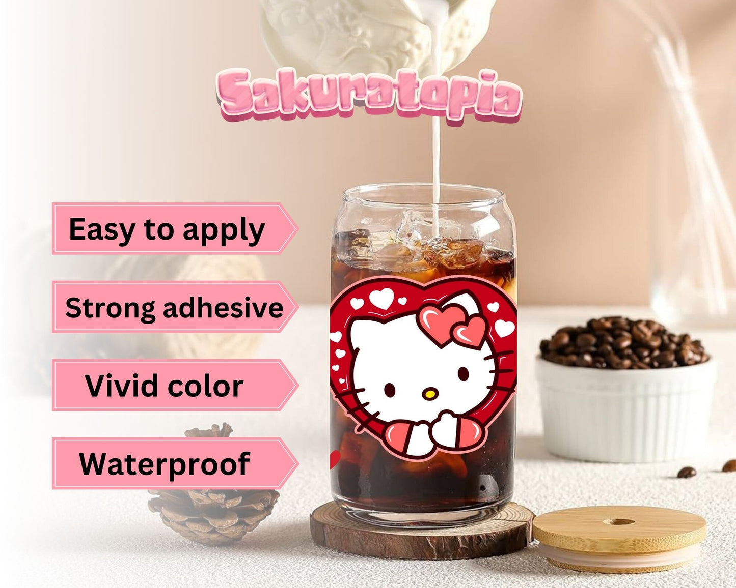 UVDTF Sanrio Valentine's Day Kawaii Cat Cup Wrap, Ready to use UVDTF for Glass Cup , Valentines Day Libbey glass wrap, Beer can glass 16oz wrap