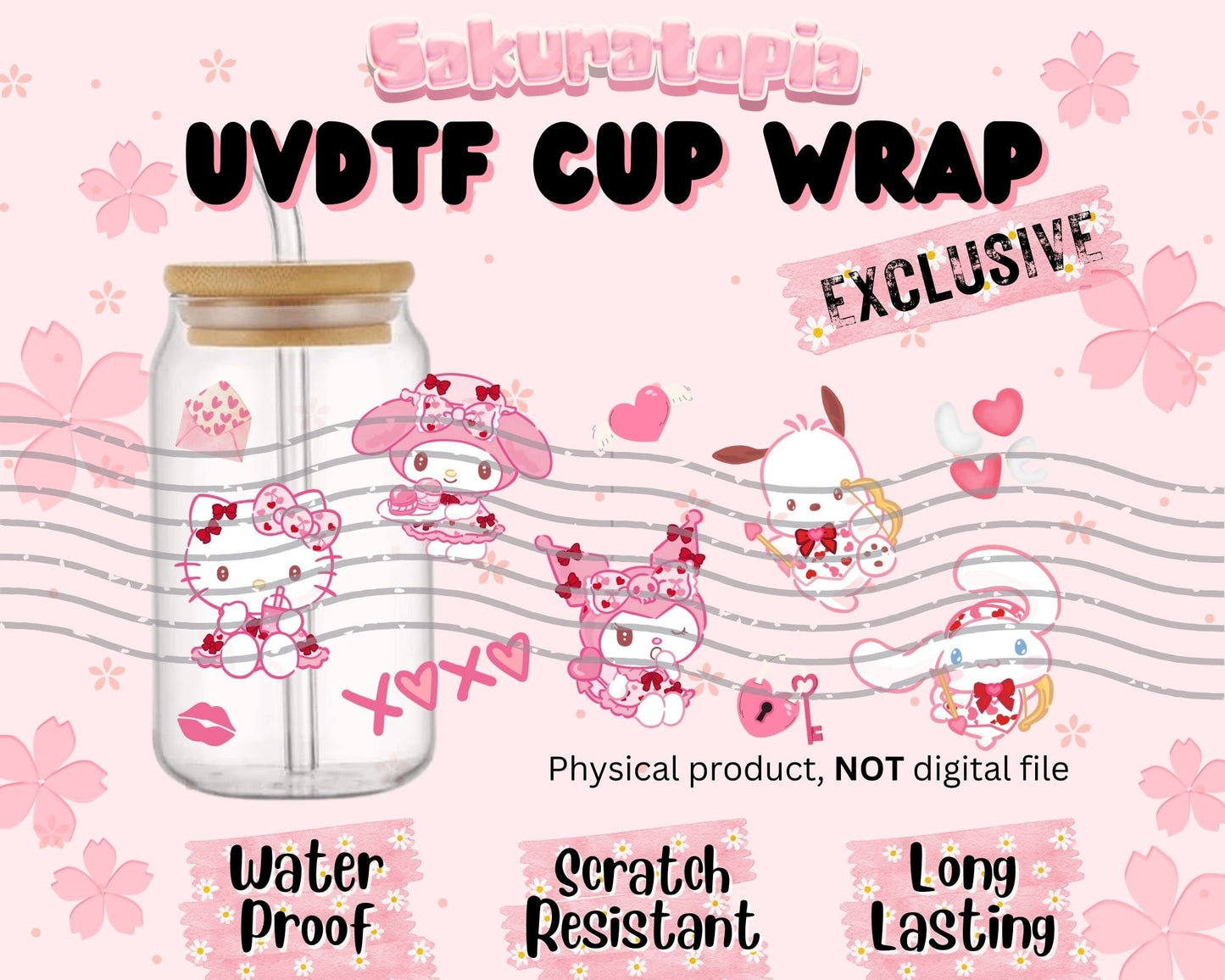 UVDTF Sanrio Valentine's Day Kawaii Cat Cup Wrap, Ready to use UVDTF for Glass Cup , Valentines Day Libbey glass wrap, Beer can glass 16oz wrap
