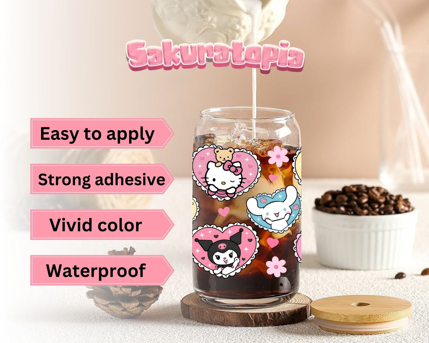 UVDTF Sanrio Anime Cup Wrap, Ready to Use Glass Cup UVDTF transfers for Glass Can | Ready to Apply UVDTF wraps for Libbey Glass