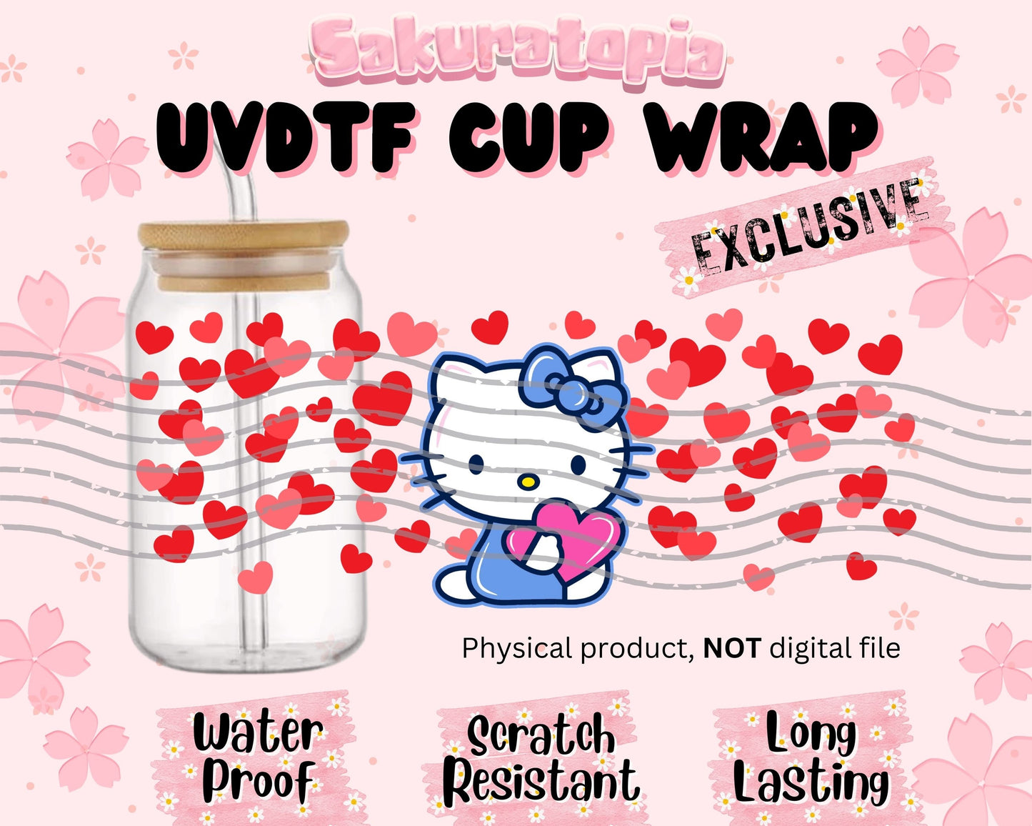 UVDTF Sanrio Valentine's Day Kawaii Cat Cup Wrap, Ready to use UVDTF for Glass Cup , Valentines Day Libbey glass wrap, Beer can glass 16oz wrap