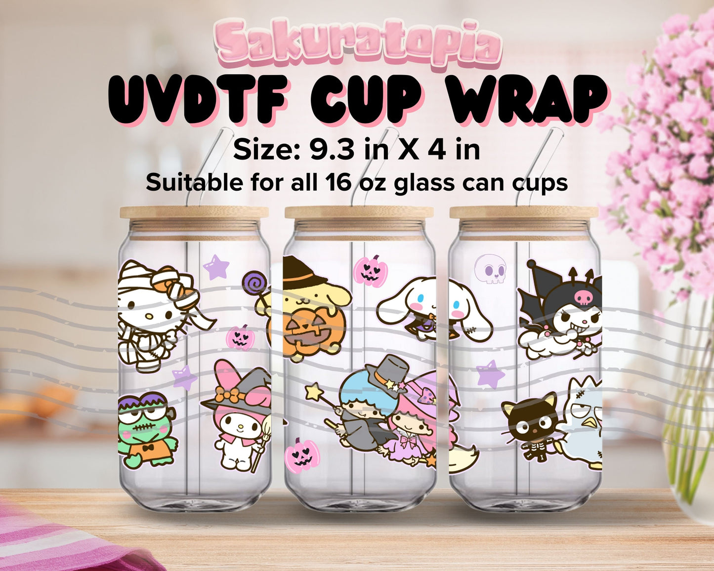 UVDTF Sanrio Anime Cup Wrap, Ready to Use Glass Cup UVDTF transfers for Glass Can | Ready to Apply UVDTF wraps for Libbey Glass